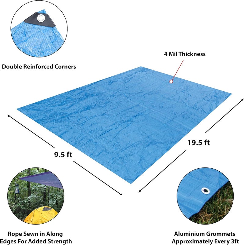 Performance Tool W6009 Blue Waterproof Tarp Cover - 10 x 20 ft for Canopy, Tent, Boat, RV, or Pool - Image 5